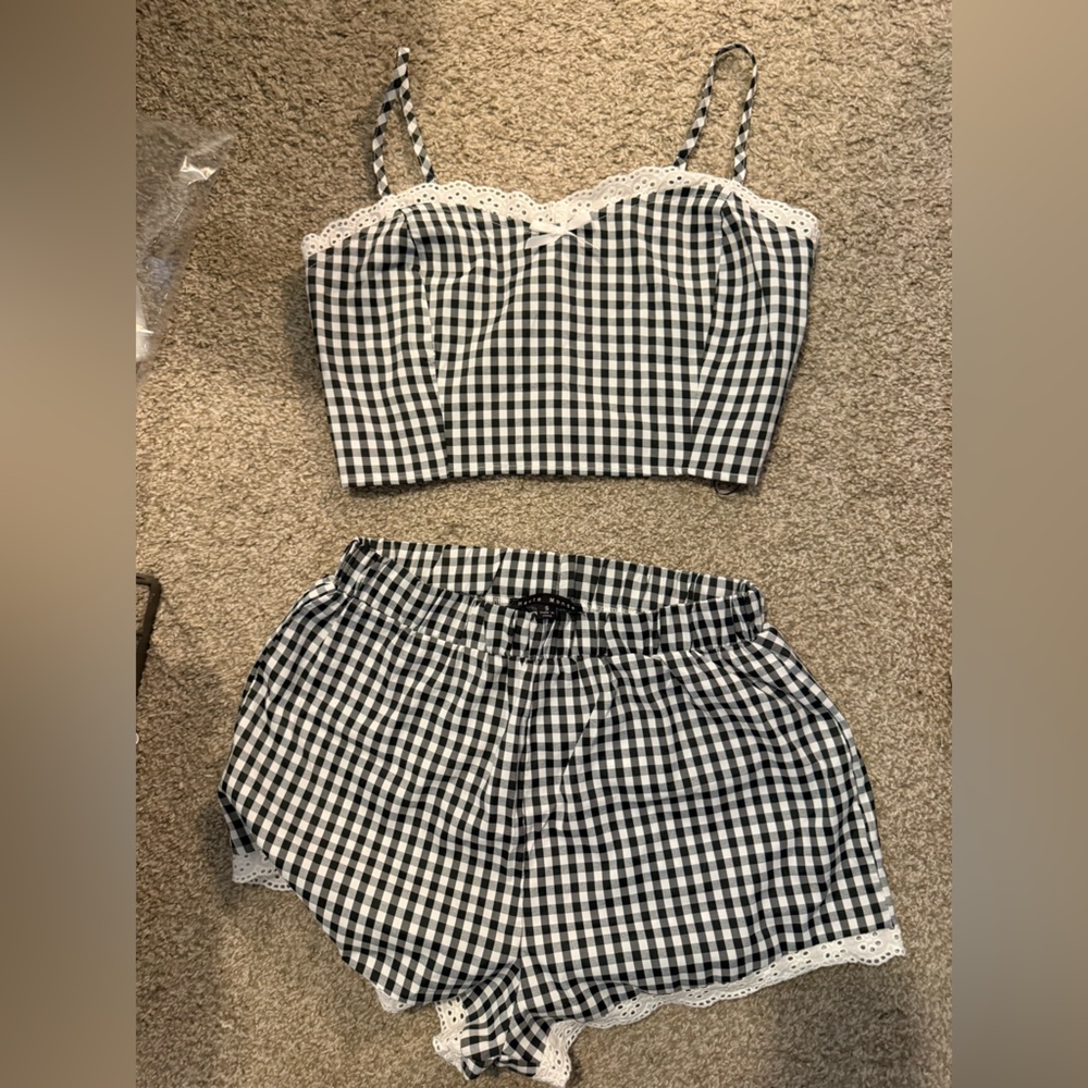 Gingham Lace Trim Crop Top & Shorts Set - Black & White